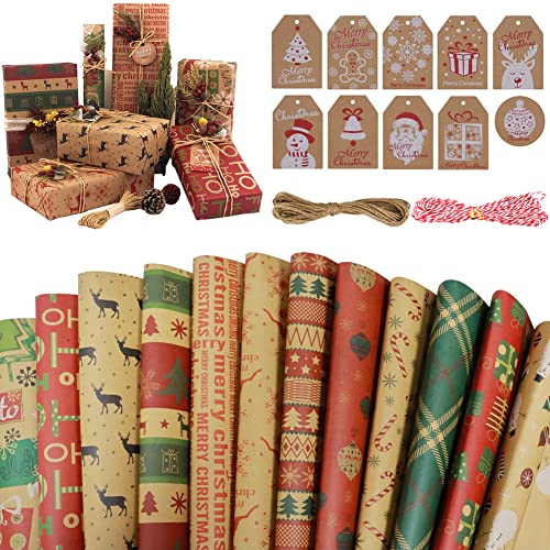 Geschenkpapier Weihnachten 12 Motive 70 × 50CM Kraftpapier mit 10 Stück Geschenkanhänger Weihnachten,10 Metern Jutekordel und Baumwollseil zum Verpacken von Geschenk (Weihnachten) Cover