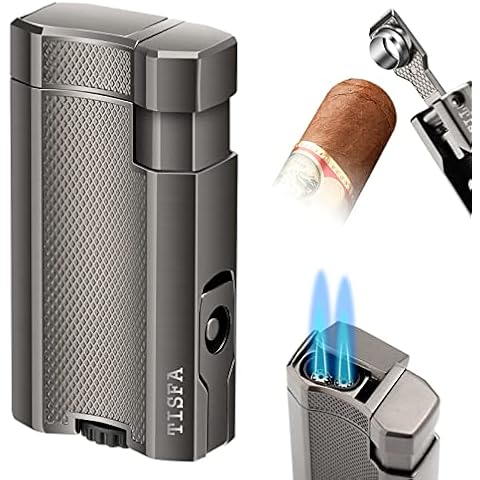 TISFA Cigar Lighter Double Jet Flame Butane Torch Lighter, Built-in Cigar Punch, Cigar Holder, Adjustable Windproof Butane Lighter, Refillable Pocket Cool Lighters for Smoking (Gray) Cover