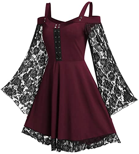 FEOYA Damen Kostüm Halloween Langarm Kleid Gothic Wednesday für Frauen Kleider Sexy Elegant Hexenkleid Vampir Karneval Erwachsene Korsettkleid Korsett Lace Partykleid Hexe Lang 01 Weinrot L