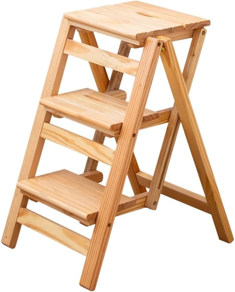 Indoor Climbing Stool,Step Stool for Adults/Step Ladder/Counter Chair,3 Step Multifunctional Folding Solid Wood Ladder Stool,Household Step Ladder(Brown)