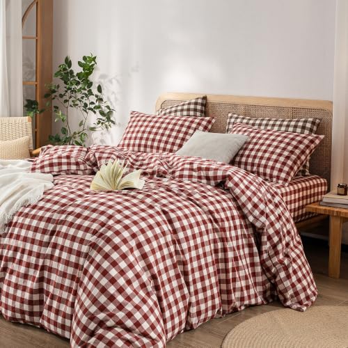 Image of BESTOUCH Gingham Cotton Duvet Cover Set Fired Brick Red Full | Washed Cotton, Linen Feel, Soft Wrinkle Texture, Hidden Zipper, 8 Ties, Breathable Lightweight Durable Comfy, 3 Pcs No Insert