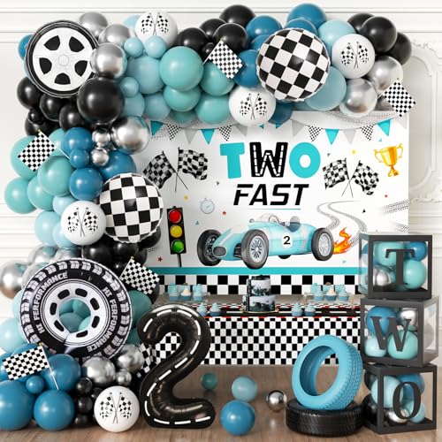 Two Fast Birthday Decorations, Retro Blue Race Car 2nd Birthday Decorations Party Supplies, Vintage Car Themed Backdrop Tablecloth Box Wheel Checkered Balloon for Boys 2nd Two Fast Party Decor