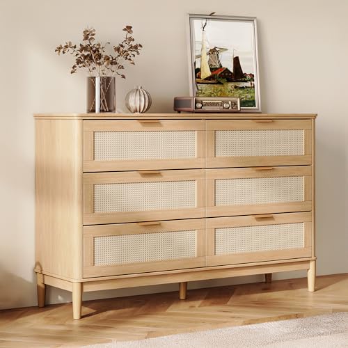 Image of LINSY HOME Rattan Dresser with 6 Deep Drawers, 47" Wide Long Chest of Drawers, Mid Century Modern Tall Dresser, Large Wood Boho Storage Cabinet for Bedroom with Metal Handle and Durable Legs, Oak