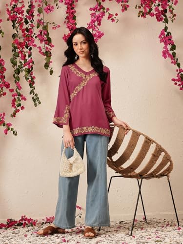 Image of QAZMI Women's Aari Embroidered Viscose Rayon V-Neck Full Sleeves Short Kurti