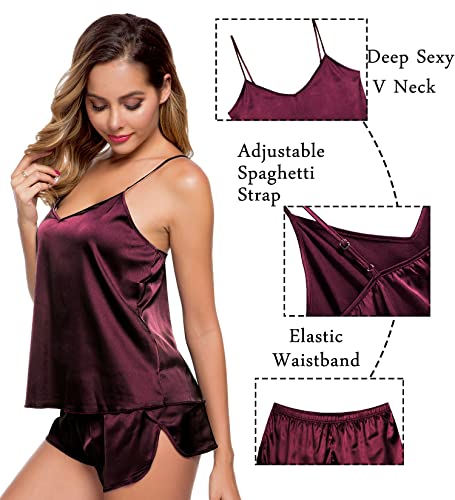 Image of SWOMOG Womens Silk Satin Pajamas Sets 4pcs Sleepwear Sexy Cami Shorts Set and Button Down Short Sleeve Pjs Loungewear