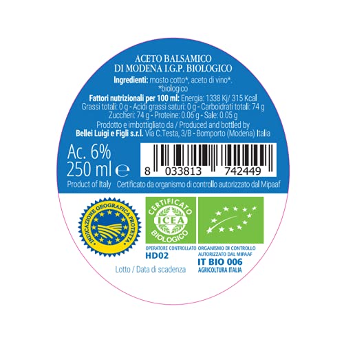 Tita Italian Bellei -Organic Balsamic Vinegar, Aceto Balsamico Bioligico Di Modena Igp- Aromatic, Smooth, Consistent, Aromatic, Multi-Use [Meat, Salads, More], Gluten-Free, Net Quantity: 8.45 Fl Oz #TOP2