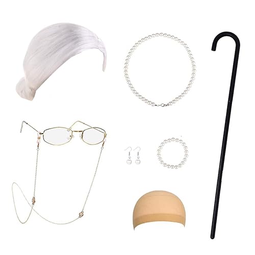 Old Lady Costume for Kids Women Grandma Wig Kids Old