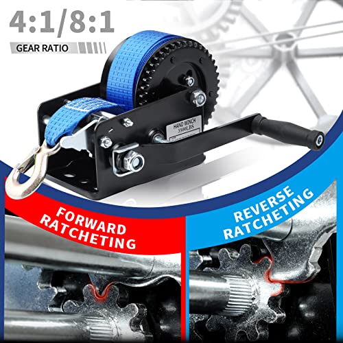 Image of Boat Trailer Winch Hand Winch 3500lbs Heavy Duty Hook with 33ft (10m) Polyester Strap Hand Crank Winch, Two Way Ratchet Boat Winch for Trailer Truck ATV Boat (Pack of 2)