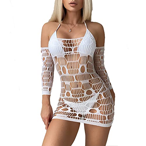 Image of Hollow Out Crochet Bodycon Cover Up Swimsuit Mini Dress Sexy Lingerie Off Shoulder Beach Swimwear