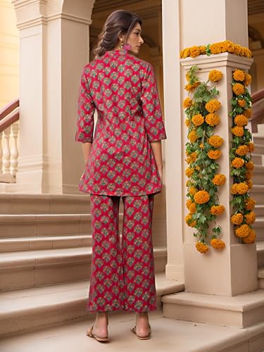 Image of NAINVISH Women's Floral Rayon Blend Co-ord Set | Straight Mandarin Collar Full Sleeve Top & Pant | Elegant Maroon, Blue Style | Ideal for Casual, Lunch, Evening Outings | Ladies Matching Outfit