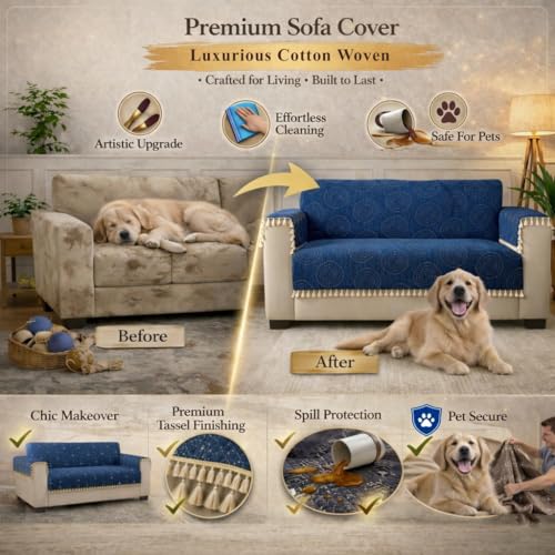 Image of STITCHNEST Woven Fabric Sofa Cover 2 Seater with 2 Hand Rest Covers - Washable Blue Sofa Cover with Tassels - Durable Premium Fabric - Stylish Sofa Protector for Living Room & Furniture Decor