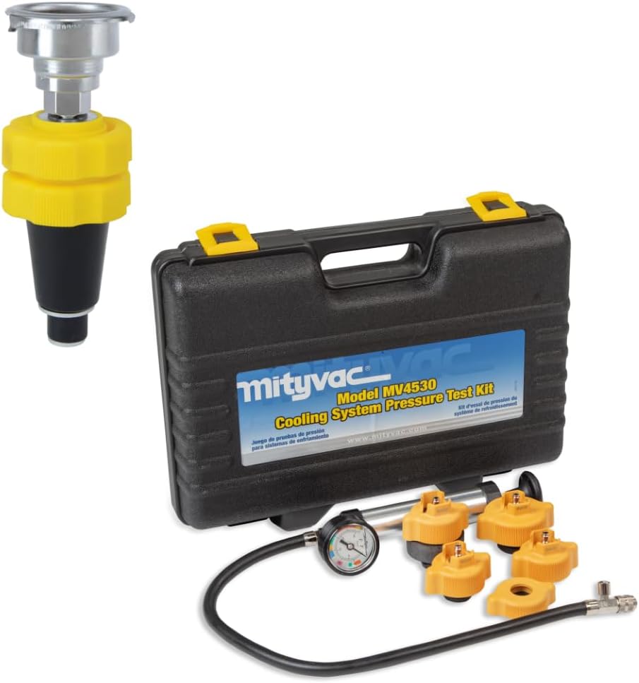 Mityvac MVB1010 Cooling System Pressure Test Kit, MV4530 Hand Pump Tester with Adapters, MV4508 Universal Cooling System Adapter, Leak Detection, Radiator and Coolant Bottle Compatibility, Automotive