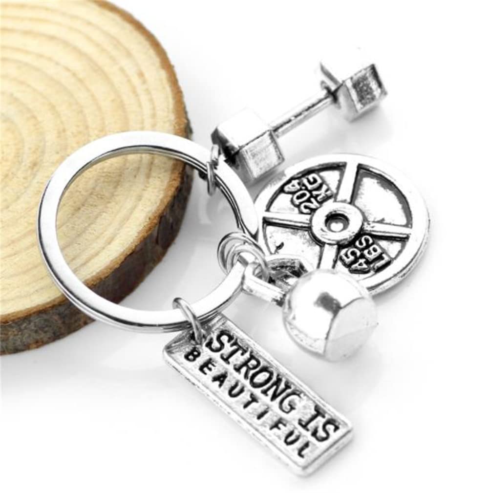Sport Barbell Dumbbell Fitness Gewichtheben Gym Schlüsselanhänger Charm Strong Is Bealtiful Fitness Schlüsselanhänger Charm Geschenk Coach Edelstahl Fitness Schlüsselanhänger, silber, M