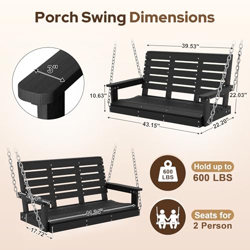 Image of Psilvam 4 FT 2-Seat Porch Swing, 660 LBS Hanging Chair Outdoor, Black