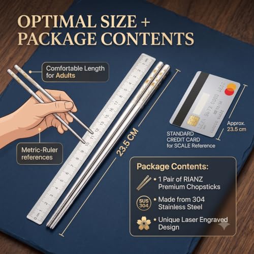 Image of RIANZ 304 Stainless Steel Korean Chopsticks 23.5 cm, Laser Engraved, 1 Pair (Style 6)