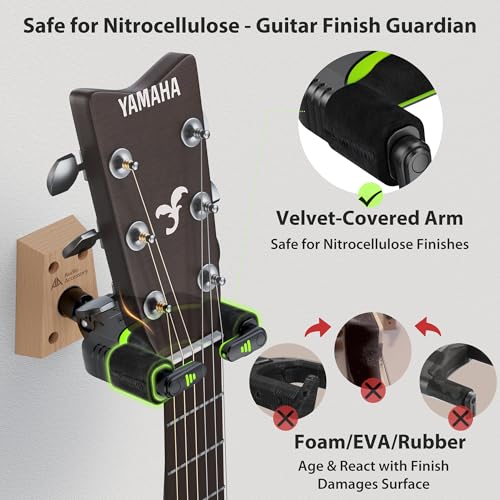 Image of AA AUDIO ACCESSORY Guitar Wall Mount Autolock 2-Pack - Nitro Friendly Velvet Hook (Heavy-Duty Design) 4-Screw Wood Base of 20lbs Load Guitar Wall Hanger for Bass, Acoustic, Classical, Electric Guitar