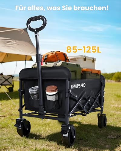 YEAUPE PRO Bollerwagen Faltbar, 125L 100KG Belastbar, All Terrain Bollerwagen mit 2 Wasserflaschentaschen und 1 Netztasche, Handwagen für Garten/Strand/Camping