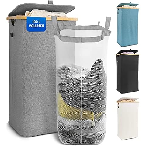 kutunu® - Wäschesammler mit Deckel 100L -grau- Wäschekorb Cover