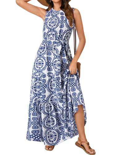Image of Rooscier Women's Sleeveless Boho Maxi Dress | Halter Neck Print Tiered A Line Beach Dresses