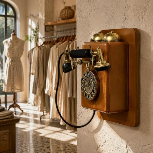 Teléfono antiguo de pared KiBcsLic pieza llamativa retro de madera 4