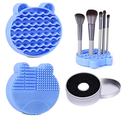 Silicone Makeup Brush Cleaner Mat, 2 in 1Brush Cleaning Mat,Brush Cleaner Pad with Brushes Drying Holder, Brush Scrubber Mat Portable Washing Tool with Removal Sponge Dry Makeup (Blue)