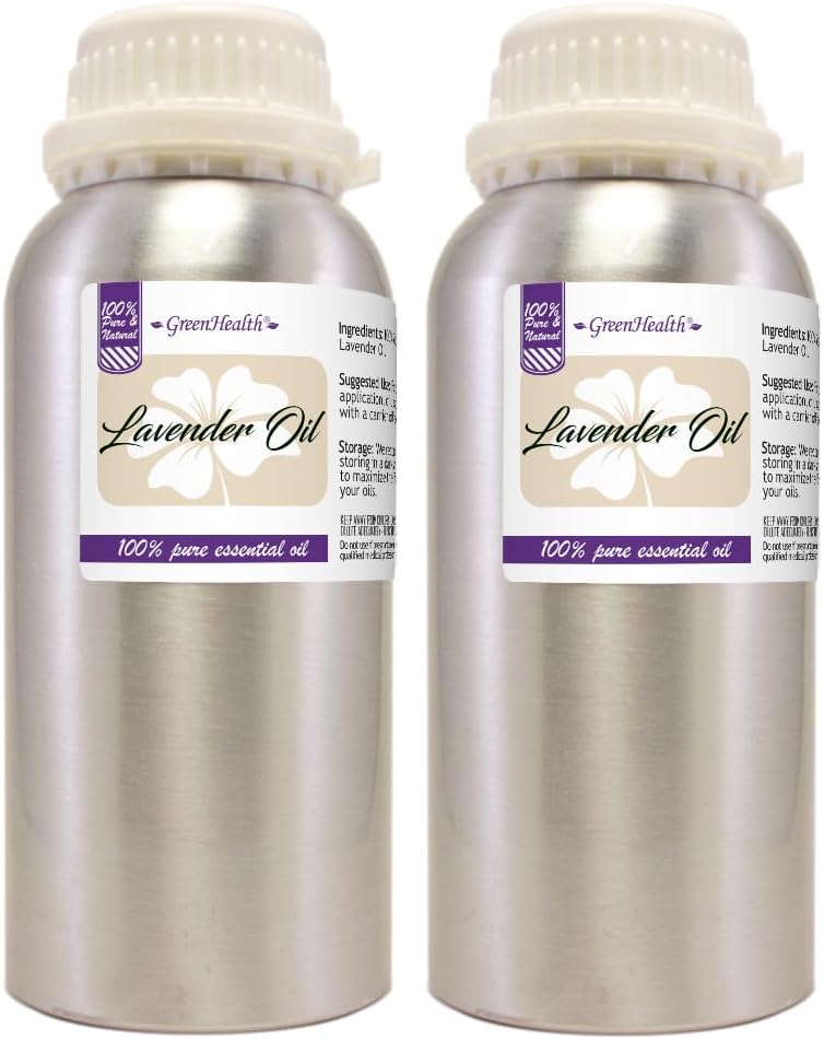 2 Bottles – GreenHealth Lavender Essential Oil – 16 fl oz Each (32 fl oz Total) – 100% Pure & Uncut – Aluminum Bottles – Bulk Lavender Oil for Diffuser, Aromatherapy, Soap Making & Candles