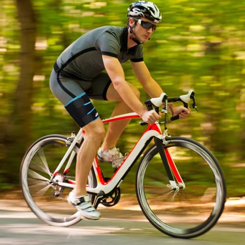 supregear Oberschenkelbandage Unterstützung, Einstellbare Kompression Neopren Oberschenkel Ärmel Atmungsaktive Rutschfeste Oberbeinstütze für Frauen Männer, Schwarz + Blau, L