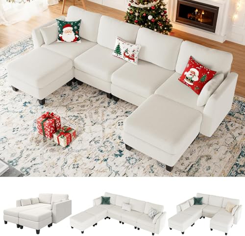 Huatean Home Modular Sectional Sofa, Convertible U Shaped Sofa Couch with High Density Memory Foam, Modern U Shaped Sectional Sofa, 6 Seat Comfy Modular Sofa Couch for Living Room, Beige