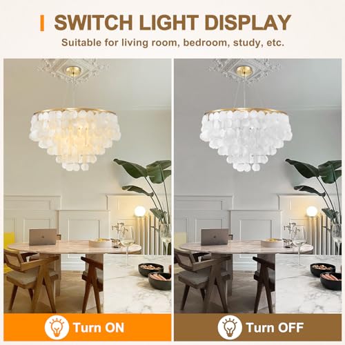 efperfect Modern Capiz Shell Chandelier, 6 Lights Natural Shell Hanging Pendant Light Fixtures for Living Room, Gold Contemporary Coastal Round Chandeliers for Bedroom, Kitchen, Dining Table, Foyer - Image 3