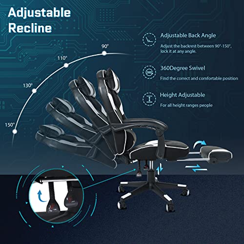 Fullwatt Video Gaming Chair Massage with footrest Office Chair with Massage Lumbar Support Swivel Reclining Chair with Racing Style Armrest PU Leather High Back Adjustable Task Chair(White)