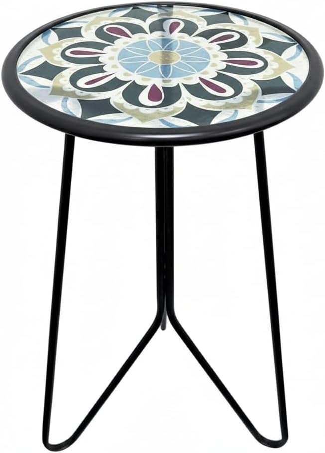 LIFFY 12" Round Glass Outdoor Side Table - Metal Frame Accent End Table, Plant Stand for Patio, Garden, Porch, Indoor Decor