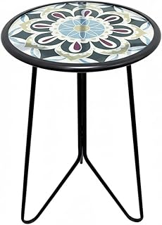 LIFFY Outdoor Side Table,12" Indoor Small Round Glass Tabletop Accent Table with Metal Frame, Decorative Plant Stand & End Table for Patio, Garden, Yard, Home, Porch