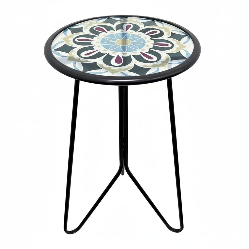 LIFFY Outdoor Side Table,12" Indoor Outdoor Round Glass Tabletop Accent Table with Metal Frame, Decorative Plant Stand & End Table for Patio, Garden, Yard, Kitchen, Porch