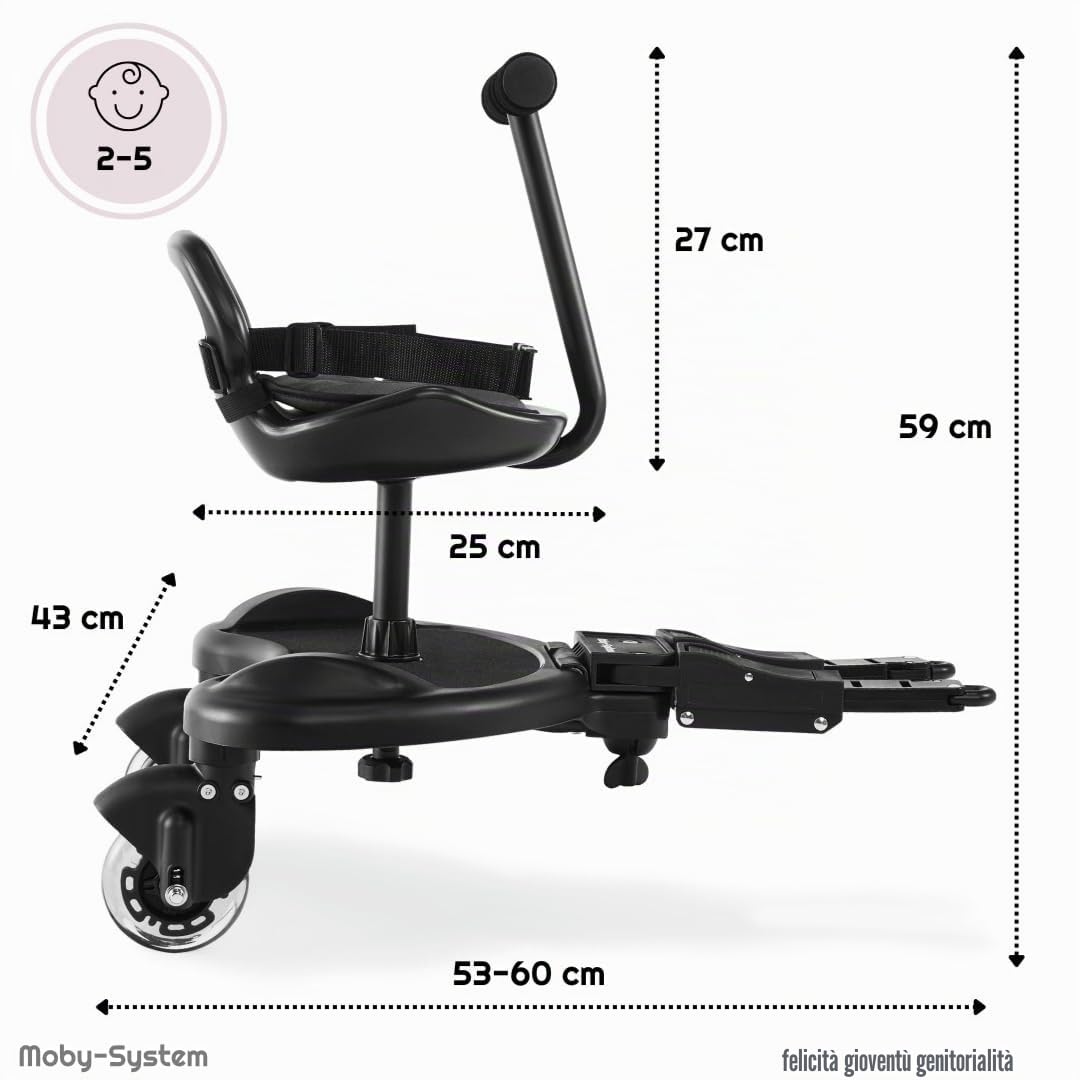 Moby-System Pedana Universale con Sedile per Passeggino - Ruote LED Ammortizzate, Seggiolino Aggiuntivo e Tavolette Portatili, Compatibile con la Maggior Parte dei Passeggini
