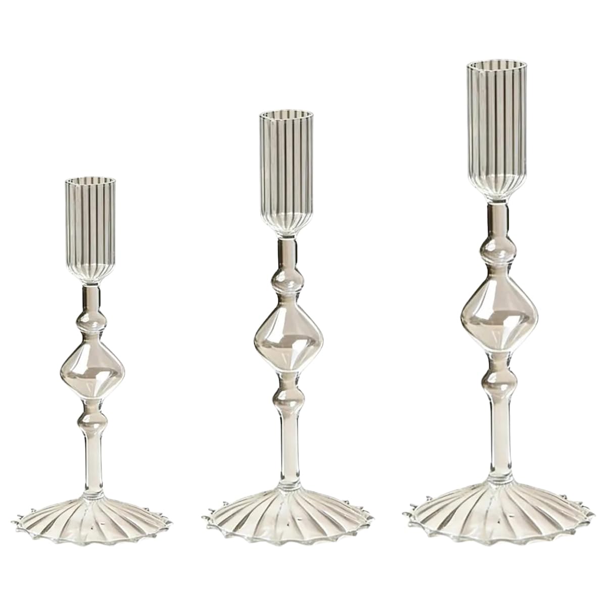 Set di 3 Eleganti portacandele a Cono, in Vetro, per centrotavola di Matrimoni, Stile D Trasparente