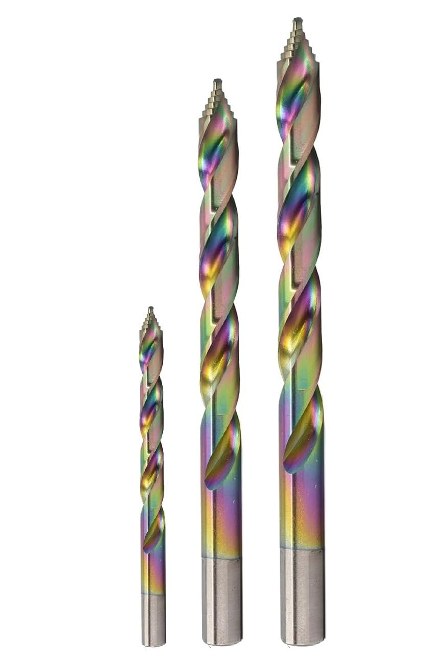 Spectral 3 Piece Step Point HSS Drill Bit Kit, 1/8" 1/4" and 3/8", Plastic Case, 135° Split Point Tip, M2 Steel, 3-Flat Shank, Multi-Color Finish