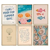 6pcs Beach Summer Posters Wall Art Coastal Aesthetic Room Canvas Prints Shell Oyster Beach Umbrella Ocean Boho Fish Starfish Conch Wall Decor Artwork for Girls Room Home Decoration 8x10in