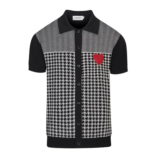OXKNIT Mens Knit Short Sleeve Shirts Button Down Vintage Knitted Embroidery Heart Pattern Polo Shirt Black Polo