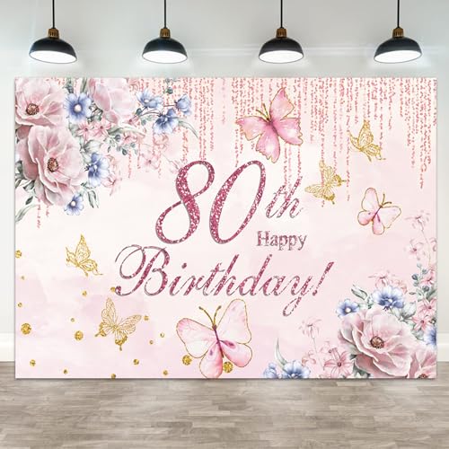 ASDCXZ 10x8ft Happy 80th Birthday Backdrop for Women Flowers Photography Background Pink Floral Golden Butterfly Grandma 80th Birthdays Party Banner Decorations Family Portrait Photo Booth Prop