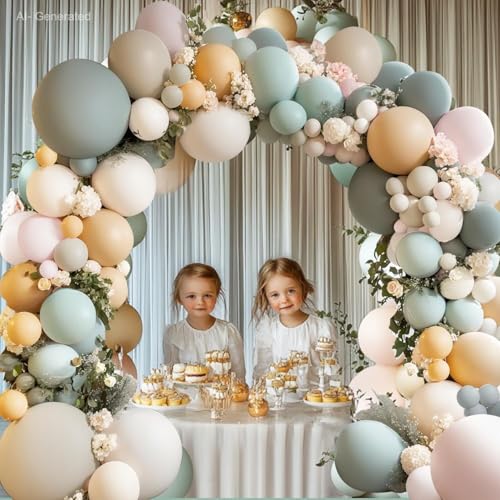Image of Blocesa Dusty Green Pink White Balloons Arch Kit, Double Stuffed Pastel Balloon Arch Dark Light Green Pink Nude White Sand Brown Balloons for Gender Reveal Woodland Wedding Birthday Party Decoration