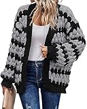 KIRUNDO Cardigan for Women Fall Lantern Sleeve Color Block Striped Cable Knitted Cardigan Casual Loose Open Sweater Jacket Winter Coat(Grey, Small)