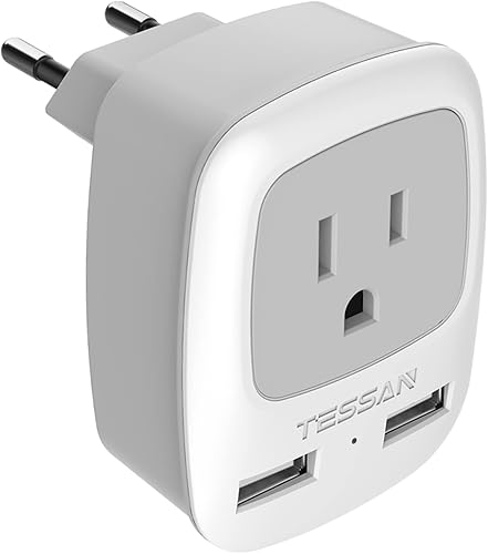 TESSAN - Adaptador de enchufe de viaje europeo, adaptador de corriente europeo con 2 puertos USB, cargador de toma de corriente tipo C internacional