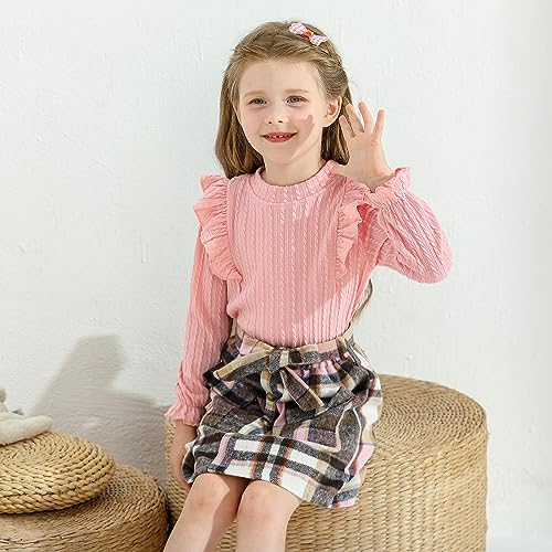 Image of Weixinbuy Toddler Girl Fall Winter Clothes Solid Long Sleeve Ribbed T-Shirt Knit Tops Plaid Button Mini Skirts Set Outfits