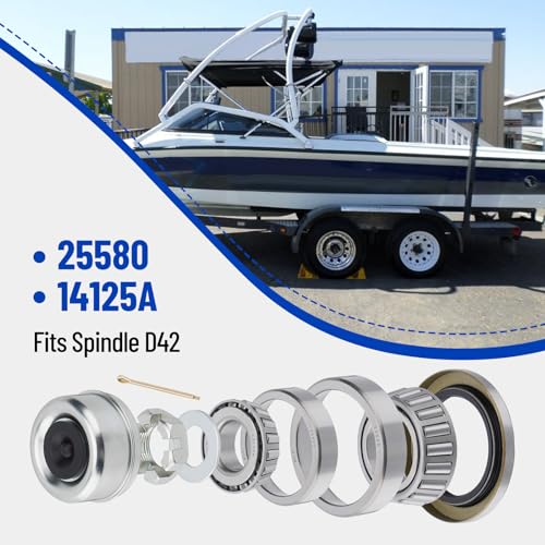 Image of 4 Sets 25580 14125A Boat Trailer Axles Bearing Kits | with Grease Seals,Spindle Nuts, 2.72 inch Dust Caps and Rubber Plugs, Cotter Pins for 5200-7000 lb.Tandem Axles #D42 Spindle