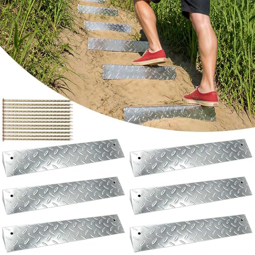 Outdoor Stair Kit 6-Piece Modular Garden Steps Premade Prefab Outdoor Stairs for Slopes and Hillsides Slip-Resistant Weatherproof Metal Staircase Non-Slip Galvanized Steps with Ground Stakes