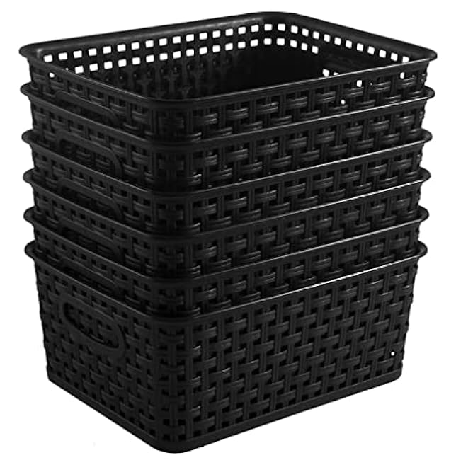 Black Plastic Woven Storage Baskets, 6-Pack Weave Basket Organizer for Kitchen Office Bathroom