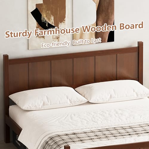 Image of Queen Size Vintage Bed Frame with Headboard, Farmhouse Wooden Platform Bed with Under-Bed Storage, Minimalist Modern Wood Grain Finish Bedframe for Bedroom (Dark Walnut)