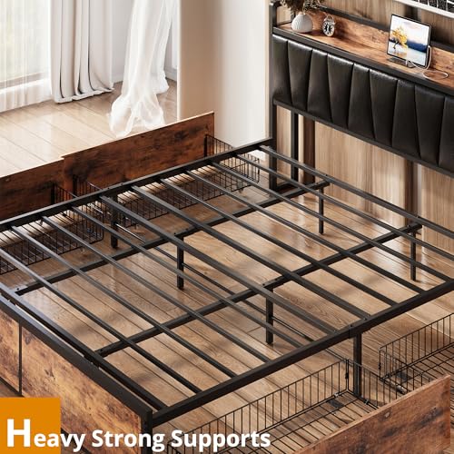 Image of LIKIMIO California King Bed Frame with 4 Storage Drawers, Platform Bed with Charged Headboard, Sturdy and Stable, No Noise, No Box Spring Needed, Easy to Install, Vintage Brown and Black