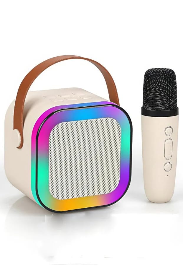 Hoparlör, Mini Kablosuz Bluetooth Karaoke Kareoke Makinesi Çocuklar için Evde Karaoke Seti (Bej)