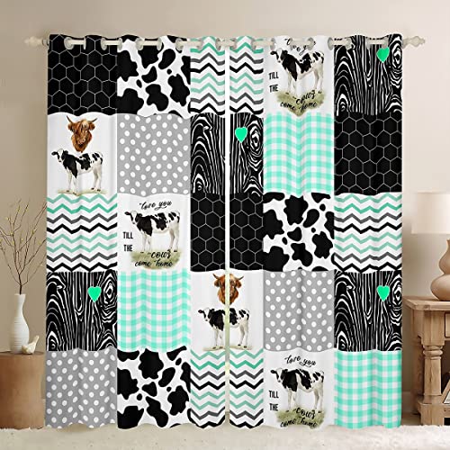 Cute Cow Print Window Curtain Kawaii Highland Cow Window Drapes Bedroom Decor Honeycomb Plaid Pattern Geometric Stripes Window Treatments Farm Animals Curtain, Green Black Grey 42"X84",2 Panels #TOP9